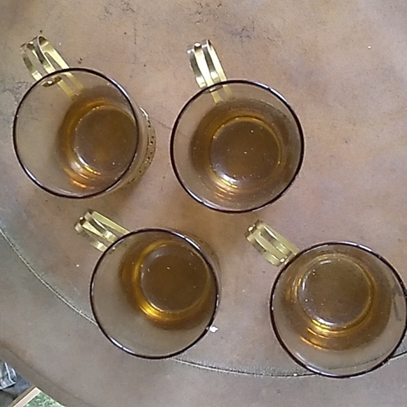 4 vtg Libbey amber gold Greek Key metal handle coffee ☕ cups - Picture 2 of 4